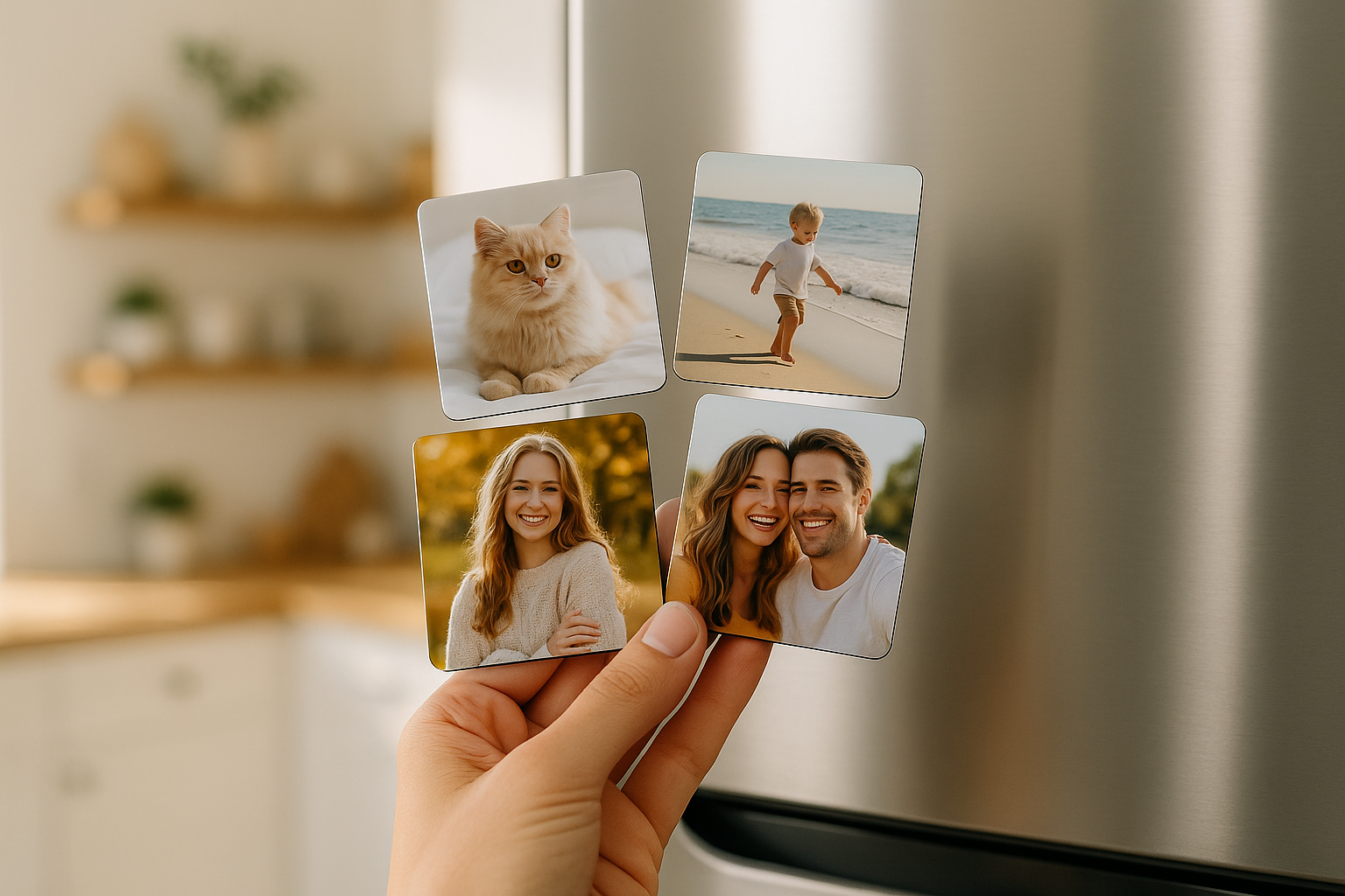 A hand holding several glossy square photo magnets in front of a modern stainless steel refrigerator, bright natural lighting, cozy kitchen background, realistic shadows and reflections on the magnets, professional product photography, depth of field, minimal aesthetic, lifestyle photo, high resolution