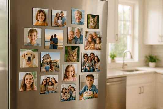 Realistic photo of a modern kitchen with a silver fridge door covered with custom square photo magnets. Each magnet shows family photos, travel moments, pets, and smiling people. Bright natural lighting, cozy home atmosphere. High resolution, lifestyle product photography style, perfect for e-commerce website banner.